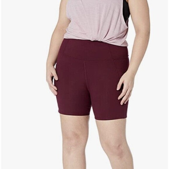 NWT Women High Waist Leggings Shorts Large Side Pockets Burgundy - Picture 6 of 16